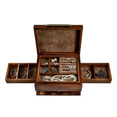 an open wooden box with jewelry in it