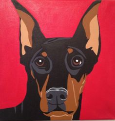 a painting of a black and brown dog on a red background with the image of a doberman