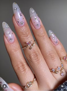 Glass Rhinestone Nails, Pearl Jewel Nails, Celestial Nails Acrylic Almond, Blue French Tip Nails Almond Shape, Short Almond Nails With Gems, Bead Nails Designs, Cute Korean Style Nails, Medium Nails With Gems, Oval Nails With Gems