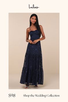 Cultivate a sophisticated persona in the Lulus Poised Grace Navy Blue Burnout Floral Bustier Tiered Maxi Dress! Lightweight woven fabric boasts a burnout floral design throughout as it falls from adjustable spaghetti straps, shaping a bustier-style bodice with a gathered bust, hidden no-slip strips, and a fitted waist. Tiered skirt falls to a maxi hem. Hidden zipper/clasp at back. Fit: This garment fits true to size. Length: Floor length. Bust: Works best for A to C cup sizes. Waist: Fitted - ve Holiday Formal Dresses, Beach Bridesmaids, Beach Bridesmaid Dresses, Floral Bustier, Bridal Party Dresses, Cup Sizes, Blue Bridesmaid Dresses, C Cup, Blue Bridesmaids