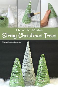 three christmas trees made out of yarn with the words how to make string christmas trees