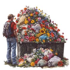 a man standing in front of a pile of bags filled with flowers and birds on top of it