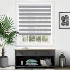 a living room scene with focus on the window blinds and decorative items in the foreground