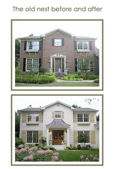 the front and back of a house with two pictures of it's windows, one in