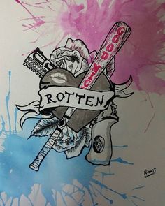 a drawing of a rose and some baseball bats with the word rotten written on it