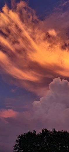 an airplane is flying in the sky with clouds and trees around it at sunset or dawn