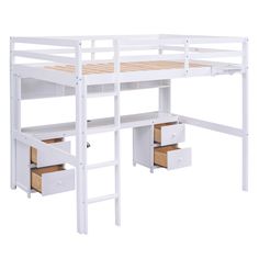 a white loft bed with desk underneath it and two drawers under the bottom bunkbed