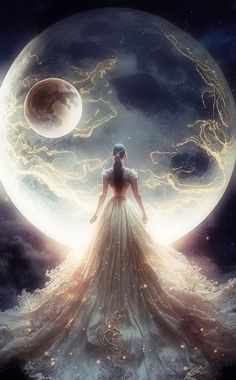 a woman standing in front of the moon with her hands on her hips and looking up at the sky