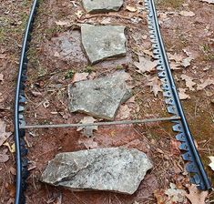 a train track with rocks on it in the middle of some grass and leaves next to trees