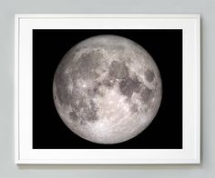 a framed photograph of the full moon in black and white, with a dark background