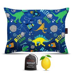 an image of a pillow case with dinosaurs and lemons on it next to a drawsack bag