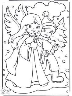 a girl and boy are standing in front of a christmas tree