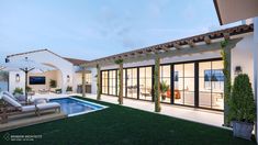 an outdoor living area with pool and patio furniture