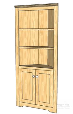 a wooden bookcase with two doors on the front and one door open to reveal a shelf