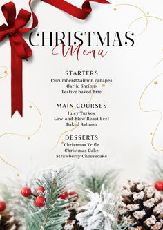 christmas menu with red ribbon and pine cones