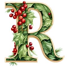 the letter r is decorated with holly and red berries