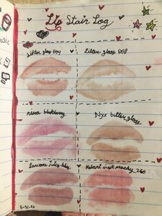 a hand holding up a notebook with different lipsticks on it and the words i love you