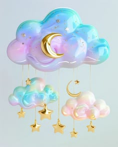 a cloud with stars and crescents hanging from it's sides