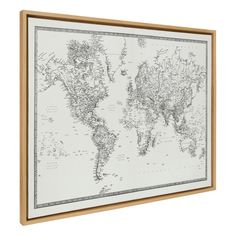 a framed world map with countries and major cities on the white canvas, hanging on a wall