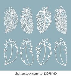 four different types of leaves with white outlines on blue background, set of five