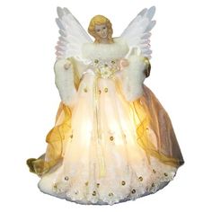 a lighted angel figurine with white wings and gold trimmings on it's chest