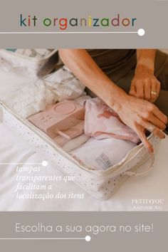 a woman is packing her clothes in a suitcase on top of a bed with the caption kit organizer