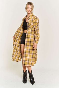 PLAID PRINT COLLAR LONG SHIRT DRESS-Button down-Belted-Chest pockets-Full length dressMade In: MADE IN CHINA Weekend Fashion, Plus Size Plaid, Off Duty Outfits, Sophisticated Dress, Full Length Dress, Long Shirt Dress, Active Wear Pants, Fashion Board, Romper Dress