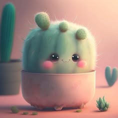 a small cactus with big eyes in a bowl