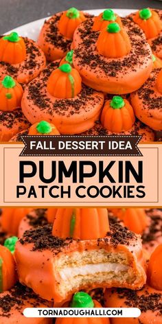 pumpkin patch cookies with green sprinkles on top and the words fall dessert idea