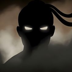 the silhouette of a man with glowing eyes and long hair in front of dark clouds