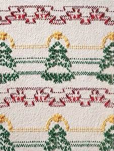 a cross stitch pattern with christmas trees on white and red fabric, as well as gold trimmings