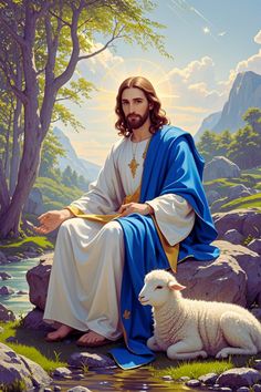 jesus sitting on rocks next to a sheep