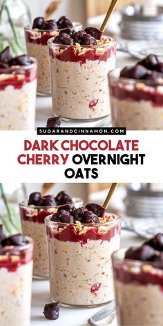 three different views of desserts with cherries and oats