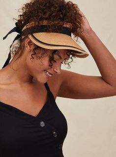 Versatile and stylish with all the benefits of a sun-protecting accessory, this straw visor is the perfect addition to your sunniest days. Self-tie back closure. Mesh inset. Imported. The best plus size women's tan & black trim straw visor hats hair accessories in natural made of straw. Torrid is your destination for plus size SALE > CLEARANCE merchandise. Visor Hat Hairstyles, Trending Products 2023, Straw Visor, Boho Summer Outfits, Cheap Wigs, Female Hair, Colored Wigs, Sun Hats For Women, Visor Hats