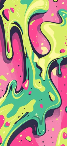 an abstract painting in pink, green and blue with drops of paint on it's surface