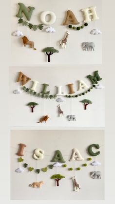 two pictures with letters and animals hanging from the wall, one is made out of clay