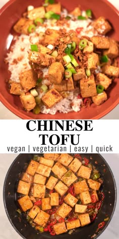 tofu and rice in a pan with the words chinese tofu