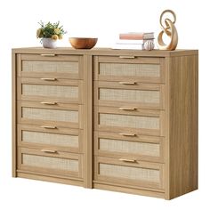 a large wooden dresser with drawers and baskets on top of it, against a white background