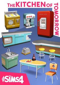 an advertisement for the kitchen of tomorrow shows retro appliances and tables with chairs around them