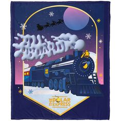 the polar express blanket has santa's sleigh on it and is flying through the sky