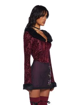 This long sleeve corset top comes in a velvet construction, with a jacquard print, hook and eye closures, and faux fur trim details. Vampire Dress Costume, Red And Black Corset Outfit, Christina Aguilera 2000s Outfit, Velvet Sewing Projects, Corset Fall Outfit, Romantic Gothic Fashion, Drummer Oc, Hot Christmas Outfits, Red Top And Jeans