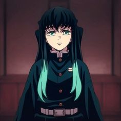 an anime character with long black hair and blue eyes, wearing a dark outfit in the background