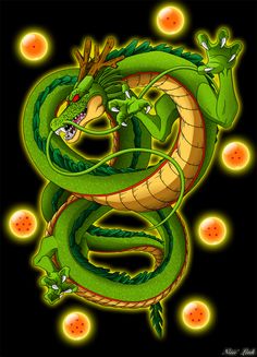 a green dragon sitting on top of a black background with glowing circles around it's head