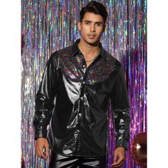 The contrasting design of a sequined metallic shirt is unique and makes you stand out. Match the long sleeve shiny shirts with dress pants, a suit vest, and a bow tie to make a charming look. Perfect for disco, party, dance performance, stage, wedding, dinner, musical events, etc. Metallic shirts become a fashionable addition to your wardrobe. Black Long Sleeve Party Shirt, Black Party Shirt For Winter, Black Collared Shirt For Party, Fitted Sequin Shirt For Night Out, Winter Party Black Shirt, Sequin Shirt For Fall Night Out, Fall Sequin Shirt For Night Out, Slim Fit Party Shirt For Fall, Fall Party Shirt With Sequins