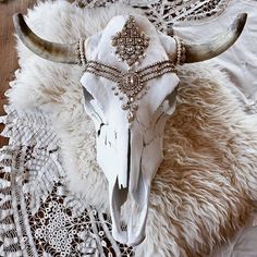 an animal skull with large horns on top of it's head and some lace around its neck