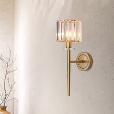 Gold Crystal Block Wall Sconce With Iron Pencil Arm - Cylindrical Design 1 Light Fixture Cylinder Pendant Light, Crystal Wall Lighting, Gold Pendant Lighting, Bulb Pendant Light, Sconces Bedroom, Rustic Lamps, Crystal Lighting, Hanging Ceiling Lights, Crystal Wall