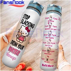 two water bottles with hello kitty stickers on them, one is white and the other has