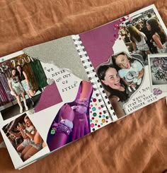 an open scrapbook with pictures of women in different outfits and colors on the pages