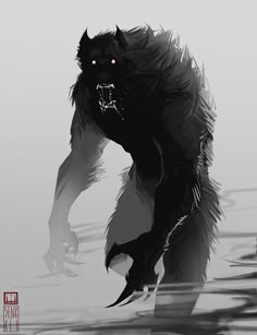 a black and white image of a monster with red eyes, standing in the water