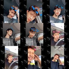 multiple pictures of the same person in a car with blue hair clips on their head